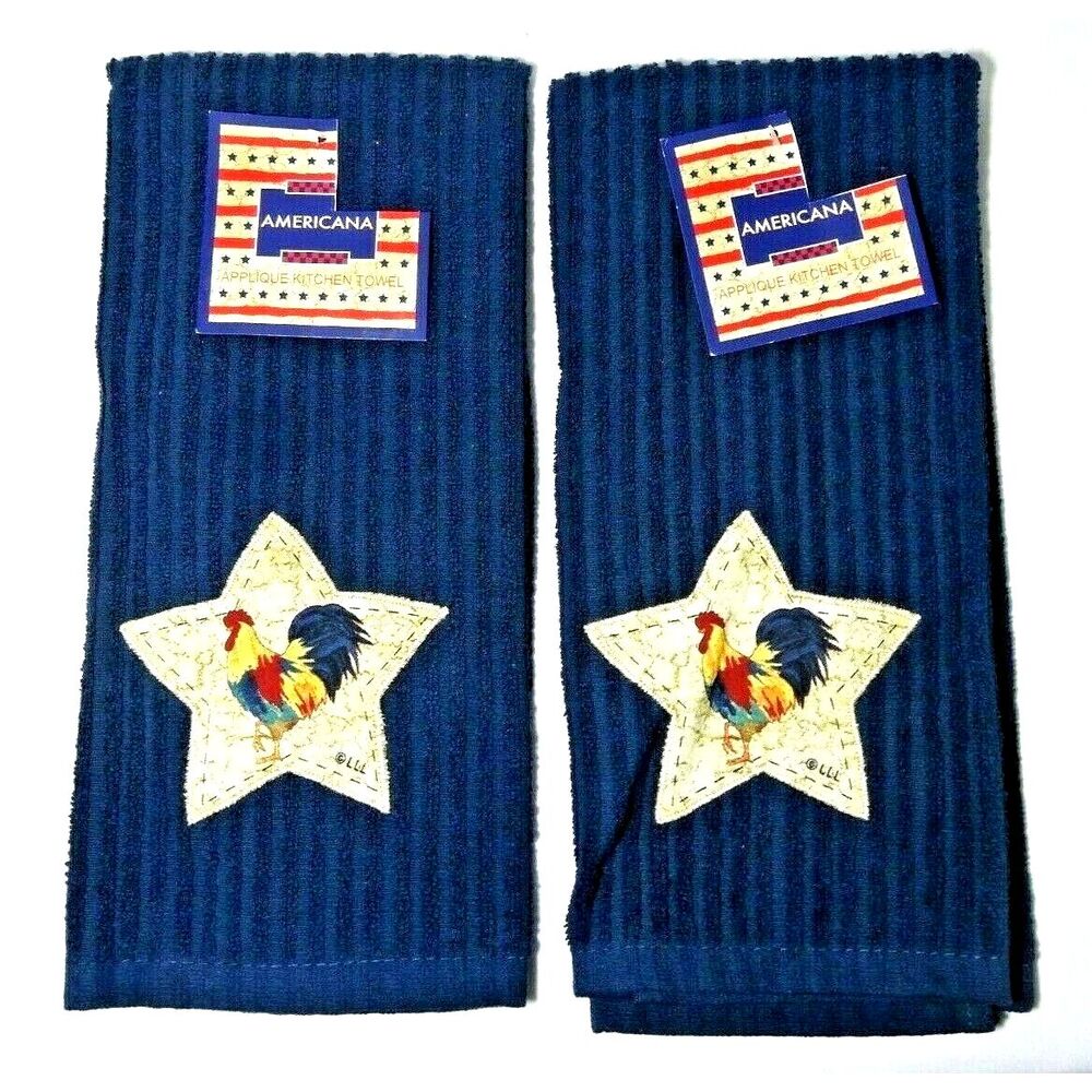 Country Rooster in Star Kitchen Towels Applique Design Blue Tan Cotton 2pc NEW